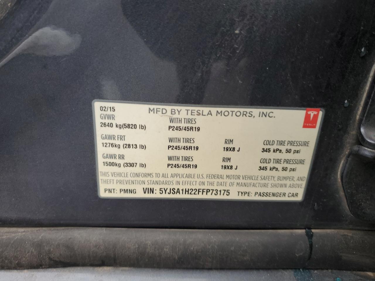 2015 Tesla Model S 85D VIN: 5YJSA1H22FFP73175 Lot: 87050035