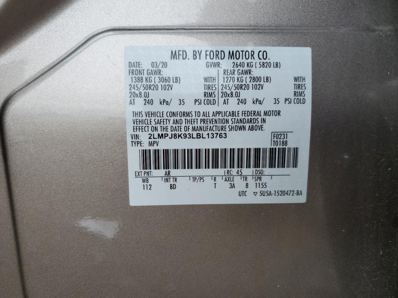 2020 Lincoln Nautilus Reserve VIN: 2LMPJ8K93LBL13763 Lot: 93475935