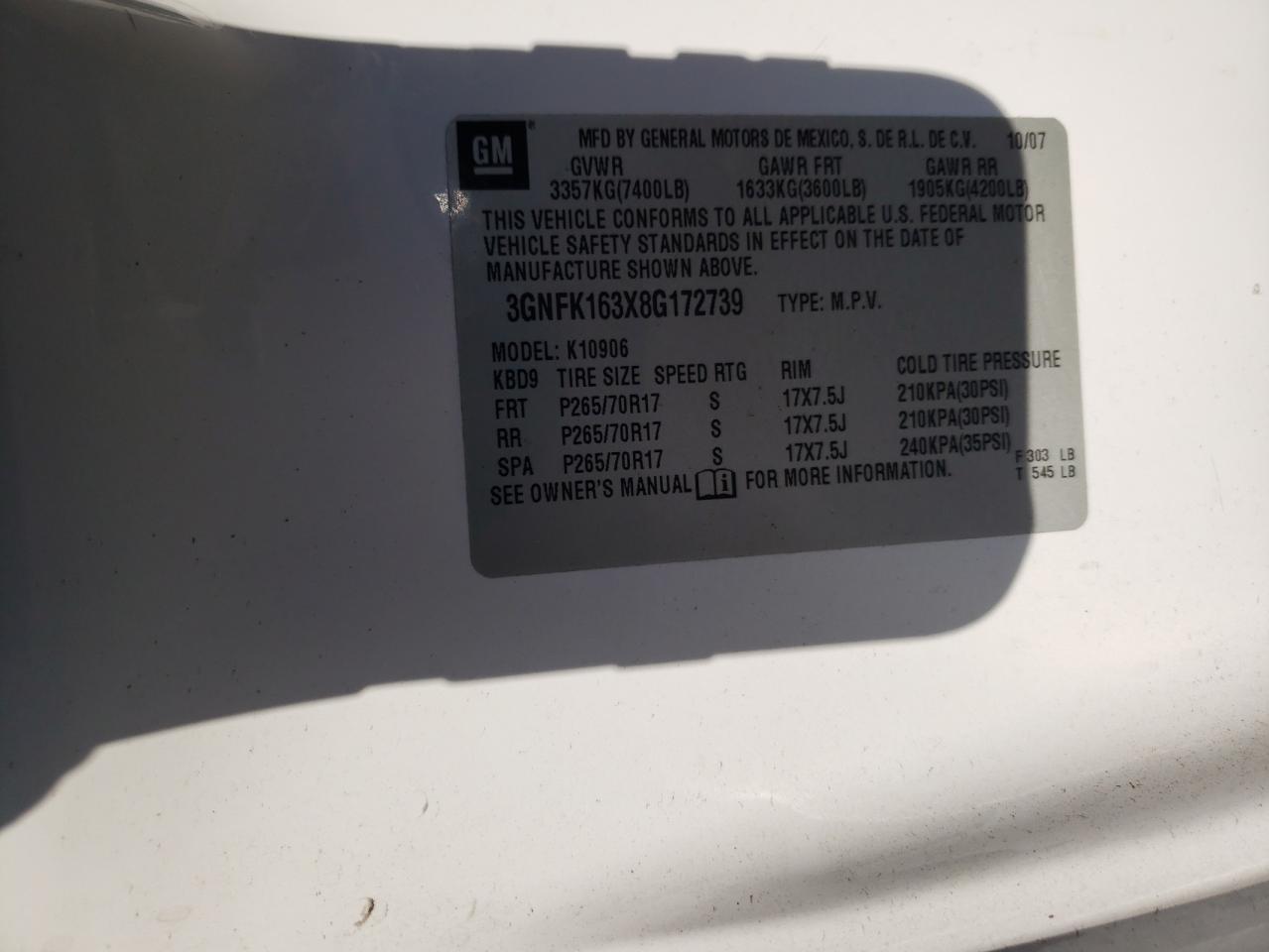 2008 Chevrolet Suburban K1500 Ls VIN: 3GNFK163X8G172739 Lot: 91779865