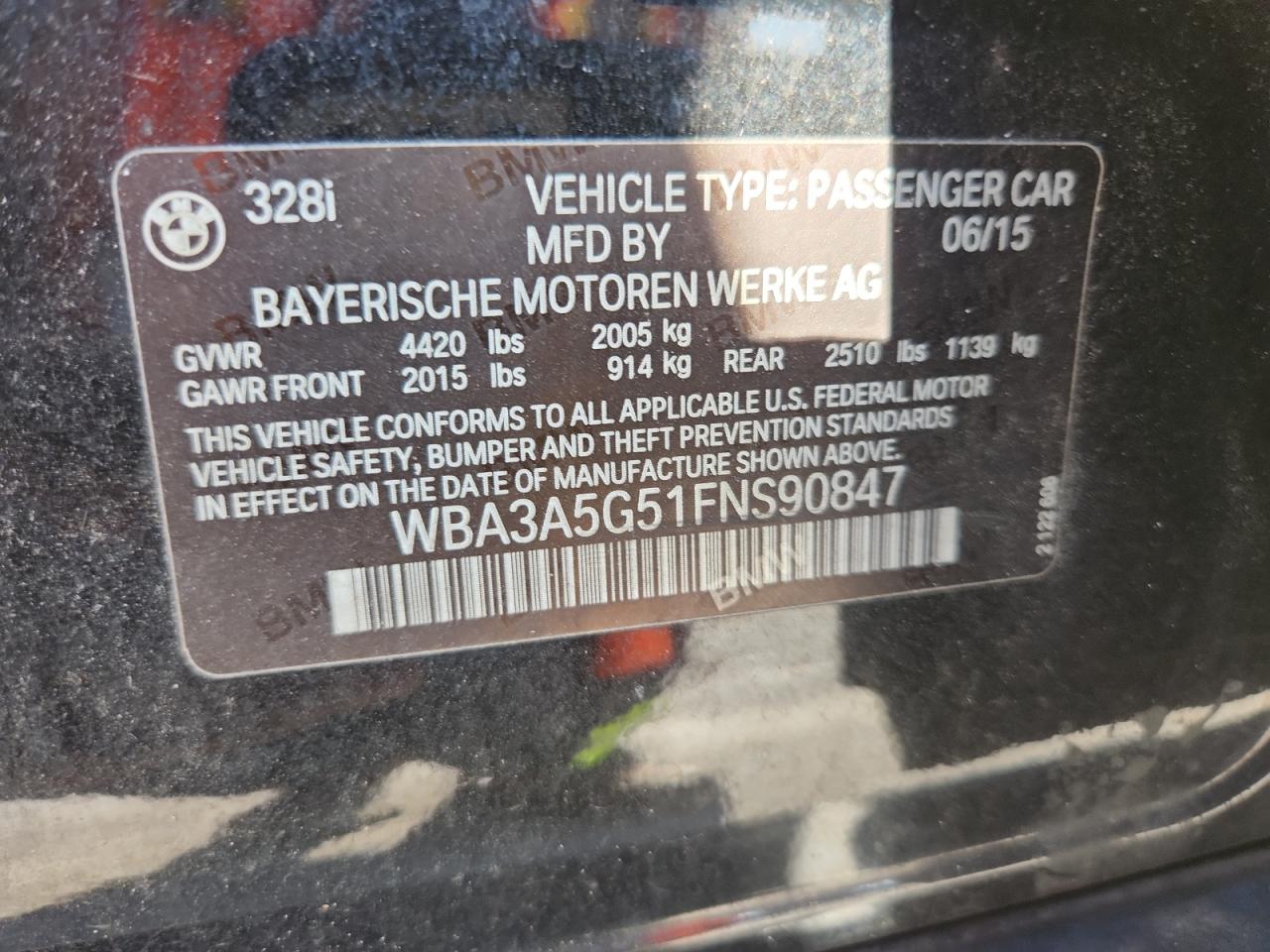 2015 BMW 328 I VIN: WBA3A5G51FNS90847 Lot: 91437385