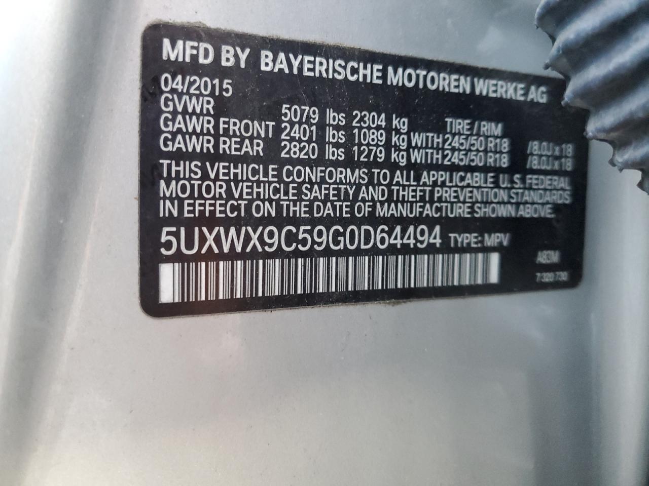 2016 BMW X3 xDrive28I VIN: 5UXWX9C59G0D64494 Lot: 93255235