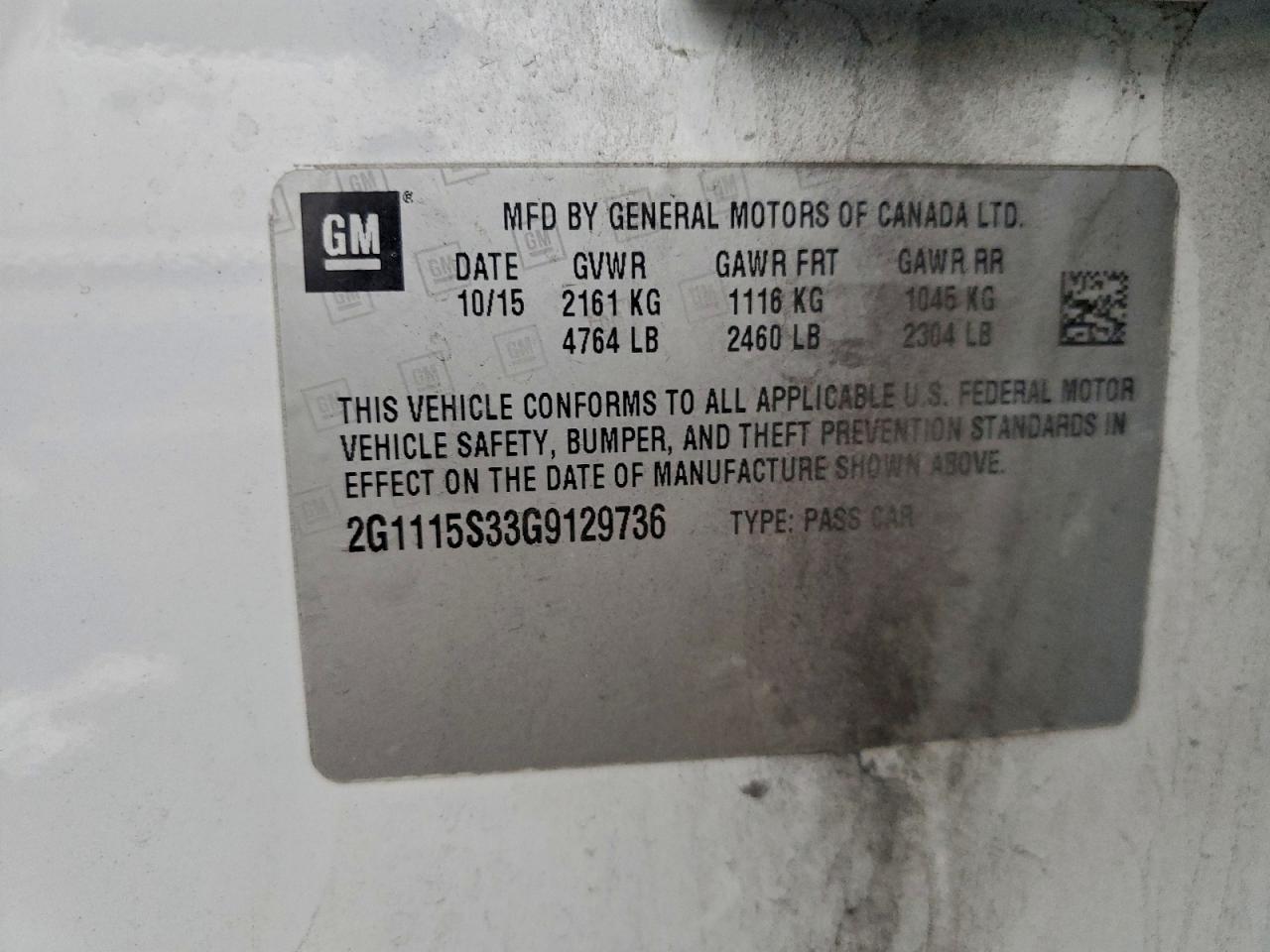 2016 Chevrolet Impala Lt VIN: 2G1115S33G9129736 Lot: 94767535