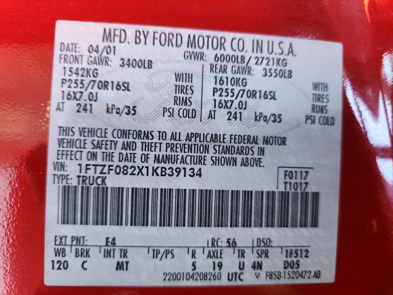 2001 Ford F150 VIN: 1FTZF082X1KB39134 Lot: 92744615