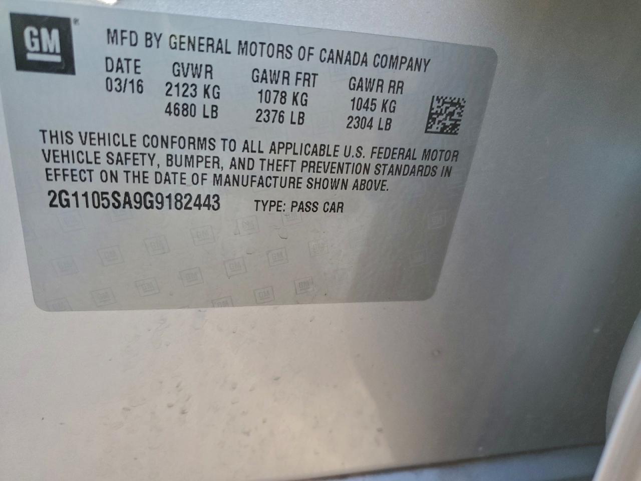 2016 Chevrolet Impala Lt VIN: 2G1105SA9G9182443 Lot: 94182185