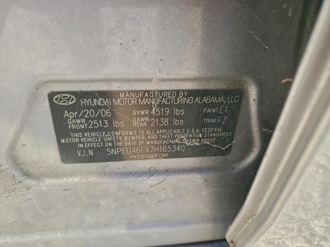 2007 Hyundai Sonata Se VIN: 5NPEU46FX7H165340 Lot: 94275615