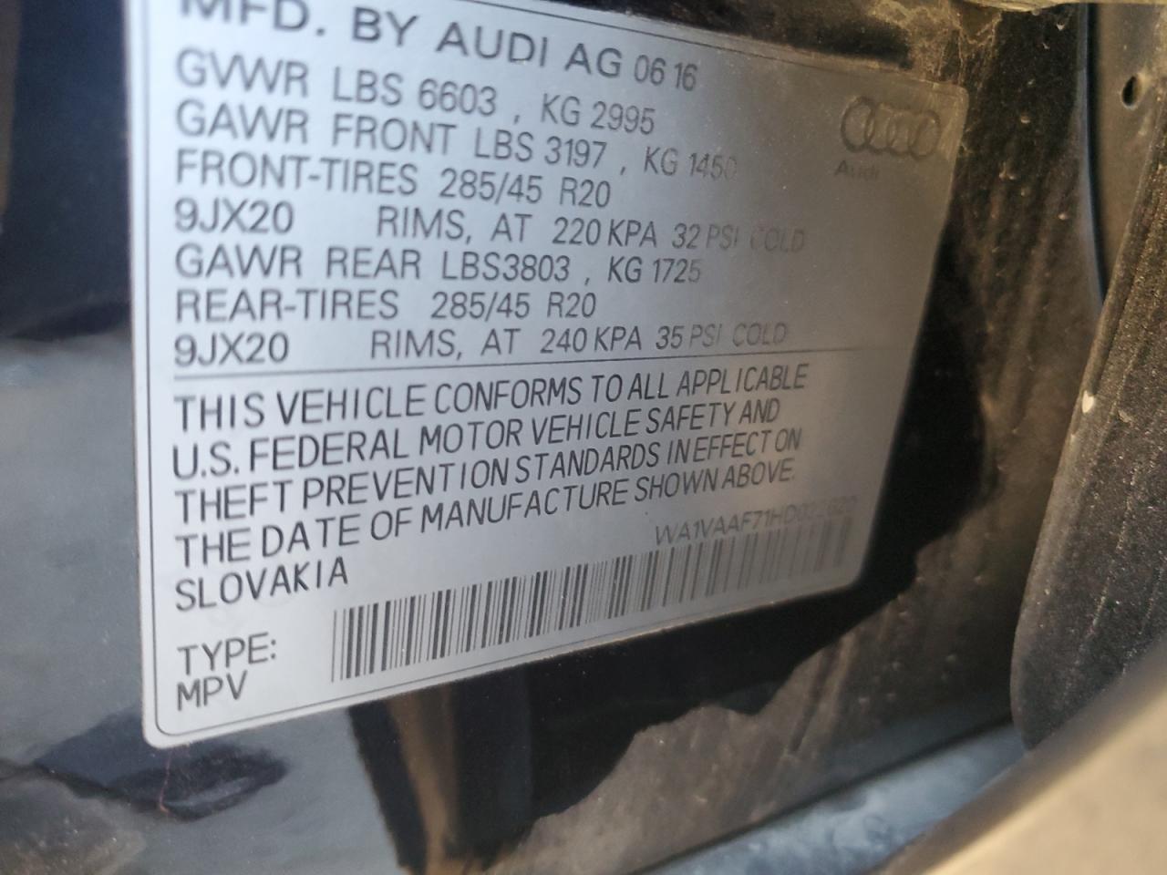 2017 Audi Q7 Prestige VIN: WA1VAAF71HD022620 Lot: 93537845