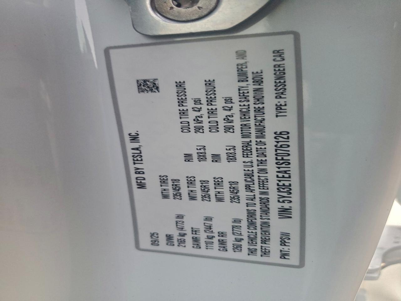 2025 Tesla Model 3 VIN: 5YJ3E1EA1SF076126 Lot: 94186215