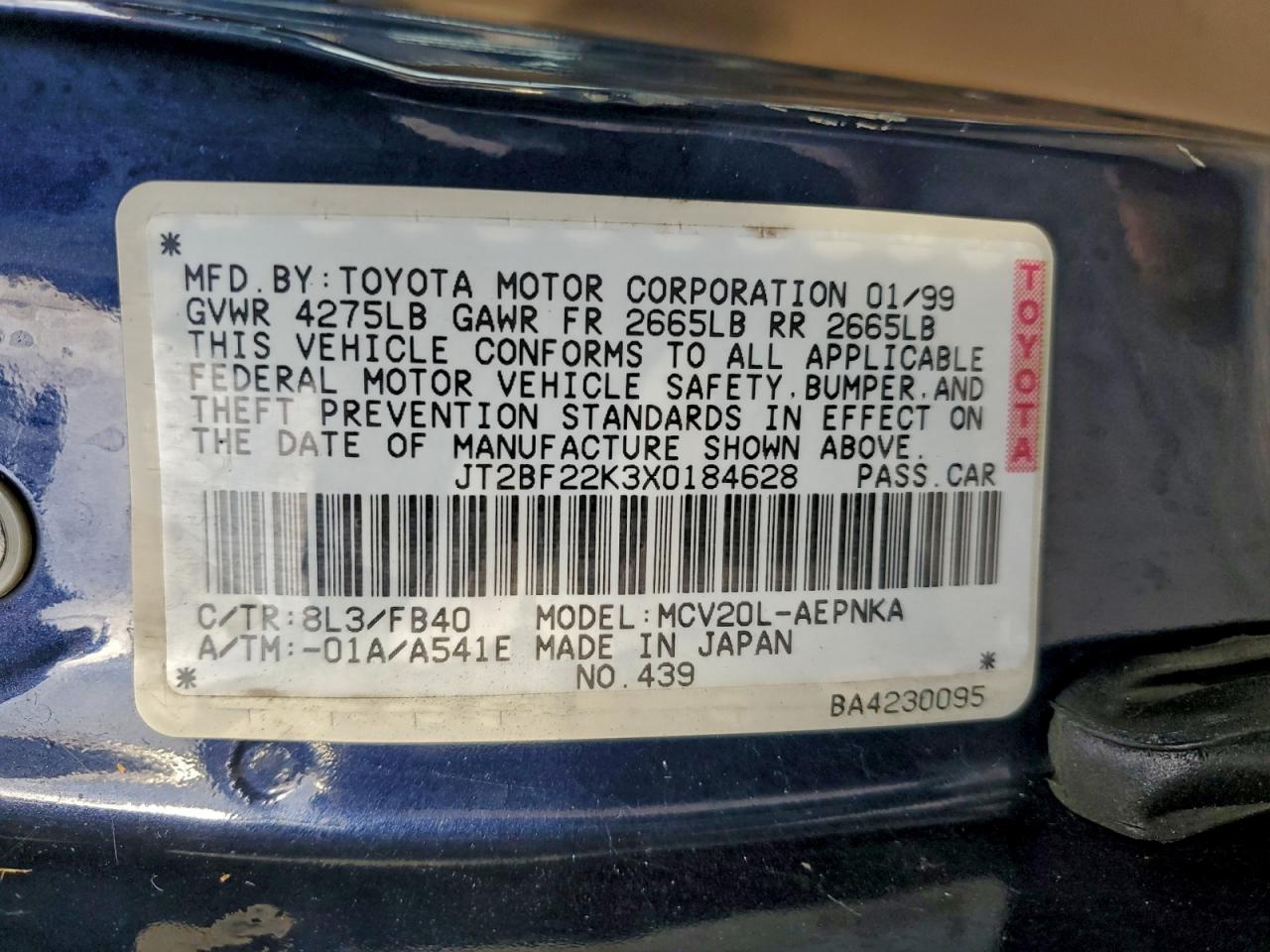 1999 Toyota Camry Le VIN: JT2BF22K3X0184628 Lot: 94441115