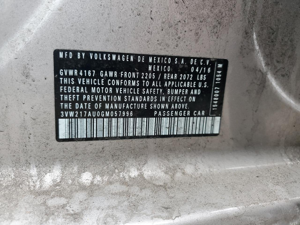 2016 Volkswagen Golf S/Se VIN: 3VW217AU0GM057996 Lot: 90486615