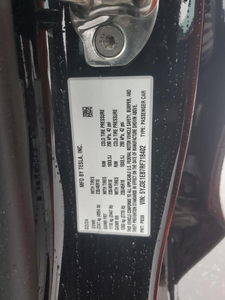 2024 Tesla Model 3 VIN: 5YJ3E1EB7RF718402 Lot: 92610555