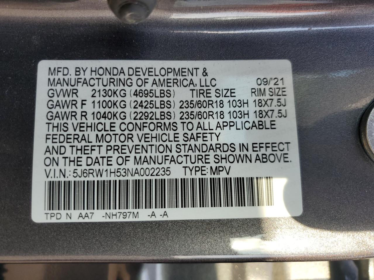 2022 Honda Cr-V Ex VIN: 5J6RW1H53NA002235 Lot: 92872375