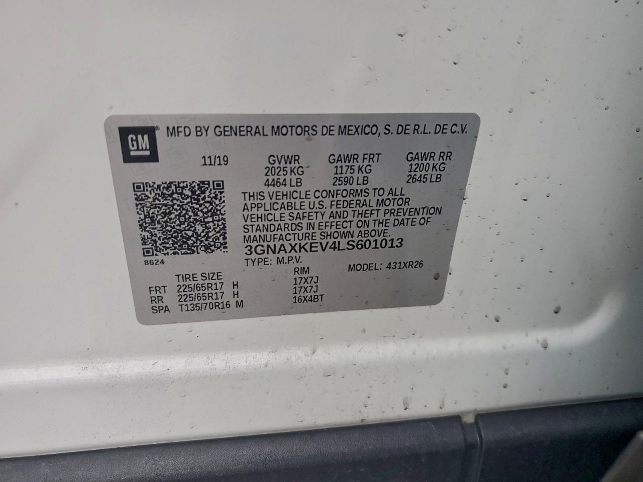 2020 Chevrolet Equinox Lt VIN: 3GNAXKEV4LS601013 Lot: 94158415