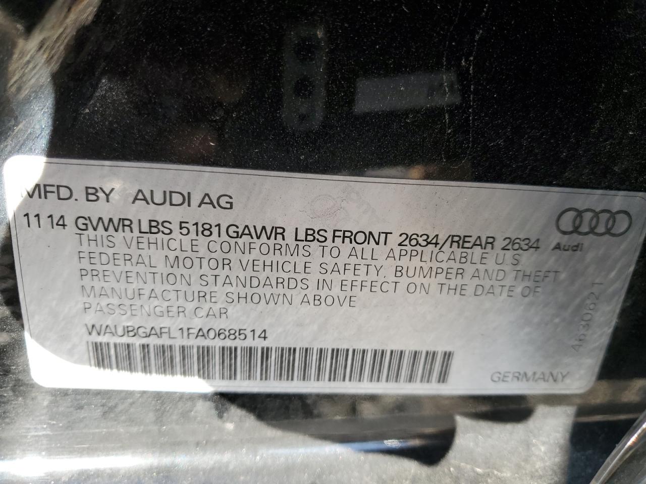 2015 Audi S4 Premium Plus VIN: WAUBGAFL1FA068514 Lot: 92190805