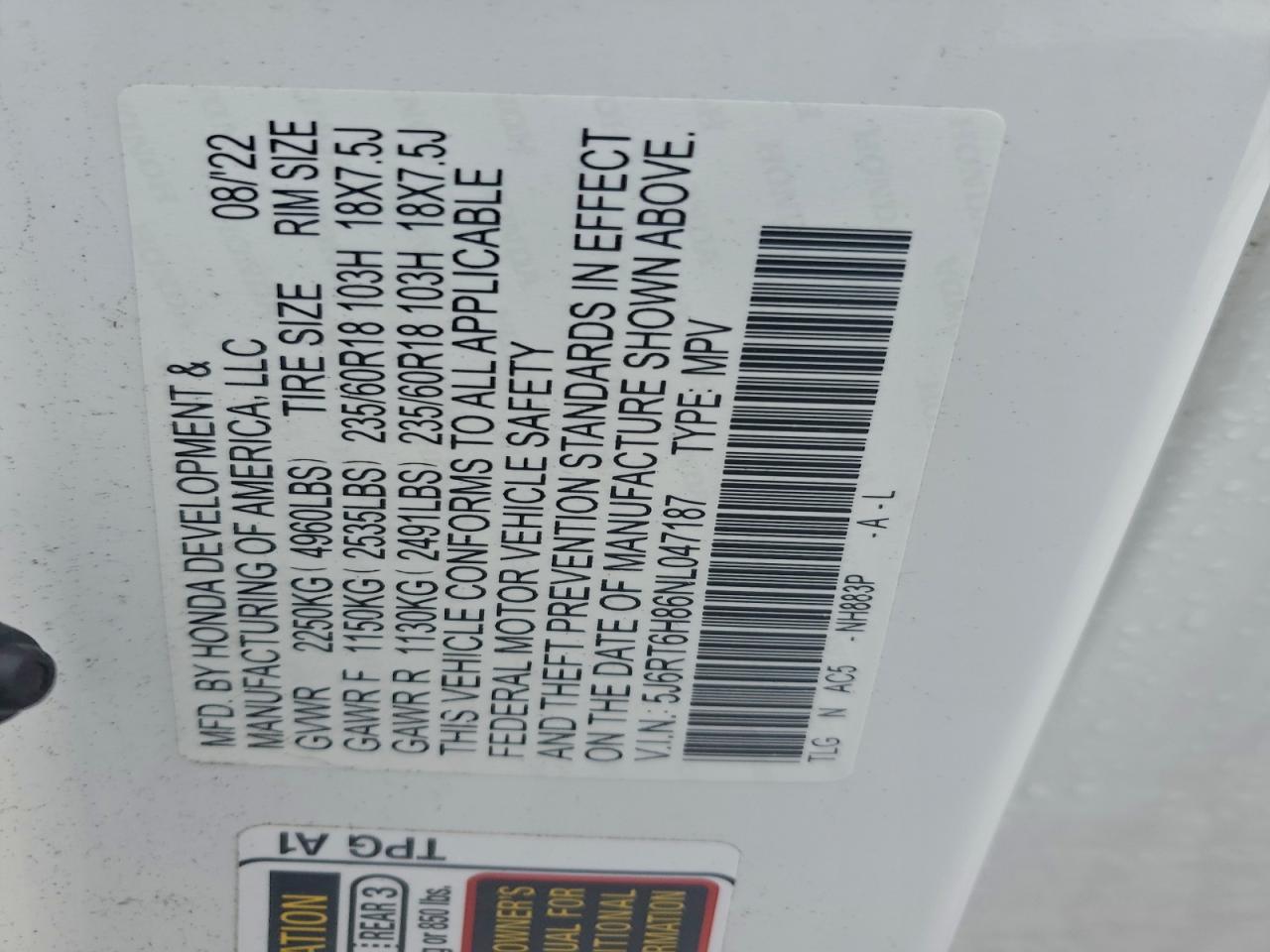 2022 Honda Cr-V Exl VIN: 5J6RT6H86NL047187 Lot: 93739755