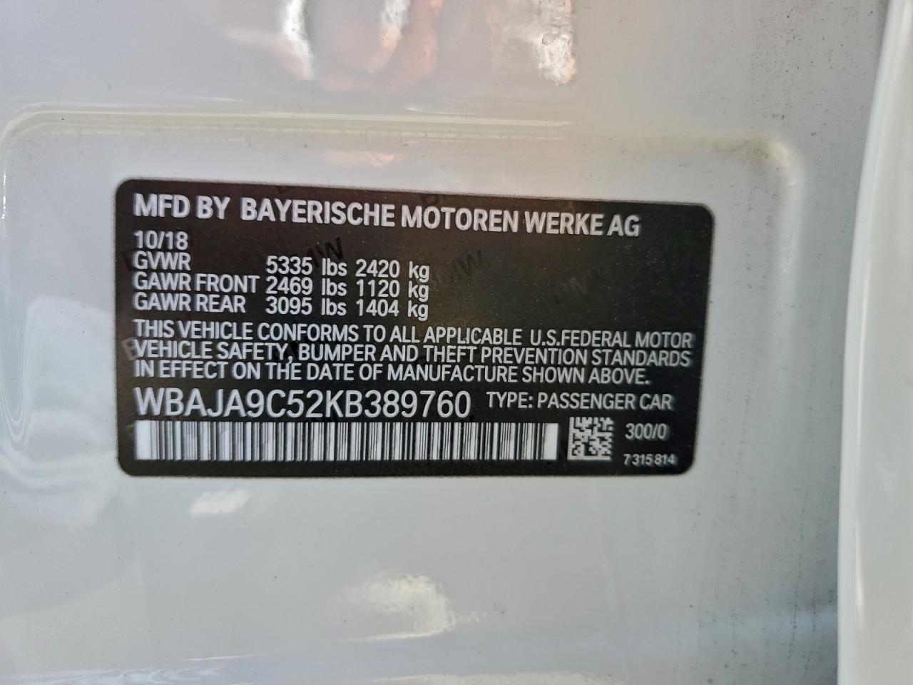 2019 BMW 530E VIN: WBAJA9C52KB389760 Lot: 94188825