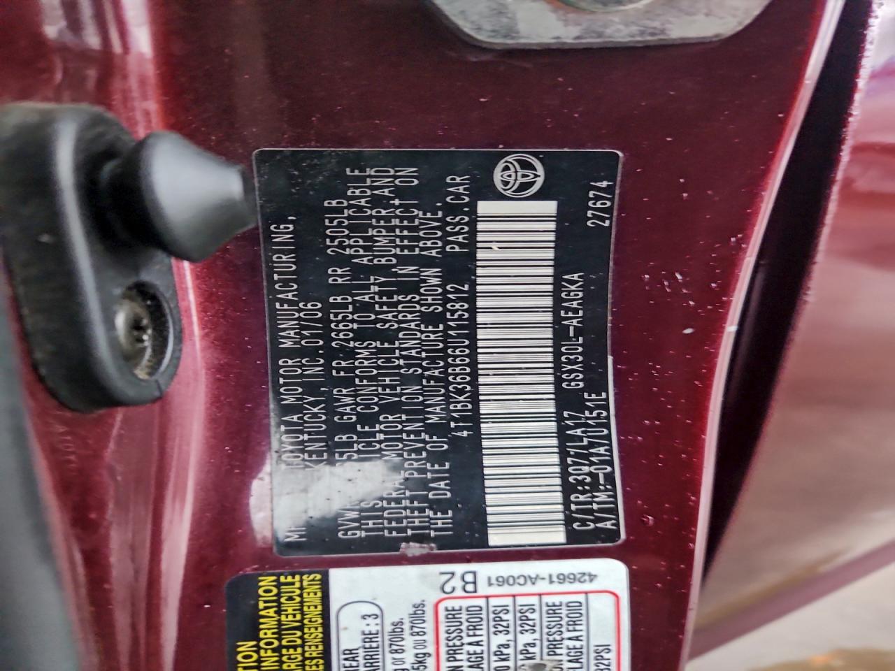 2006 Toyota Avalon Xl VIN: 4T1BK36B66U115812 Lot: 93535755