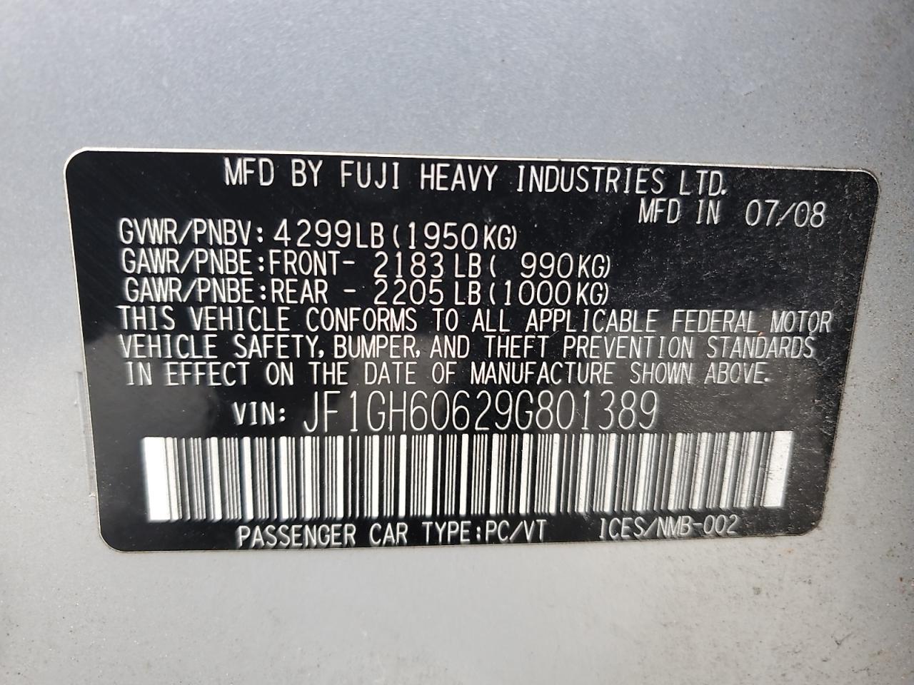 2009 Subaru Impreza 2.5I Premium VIN: JF1GH60629G801389 Lot: 93263325