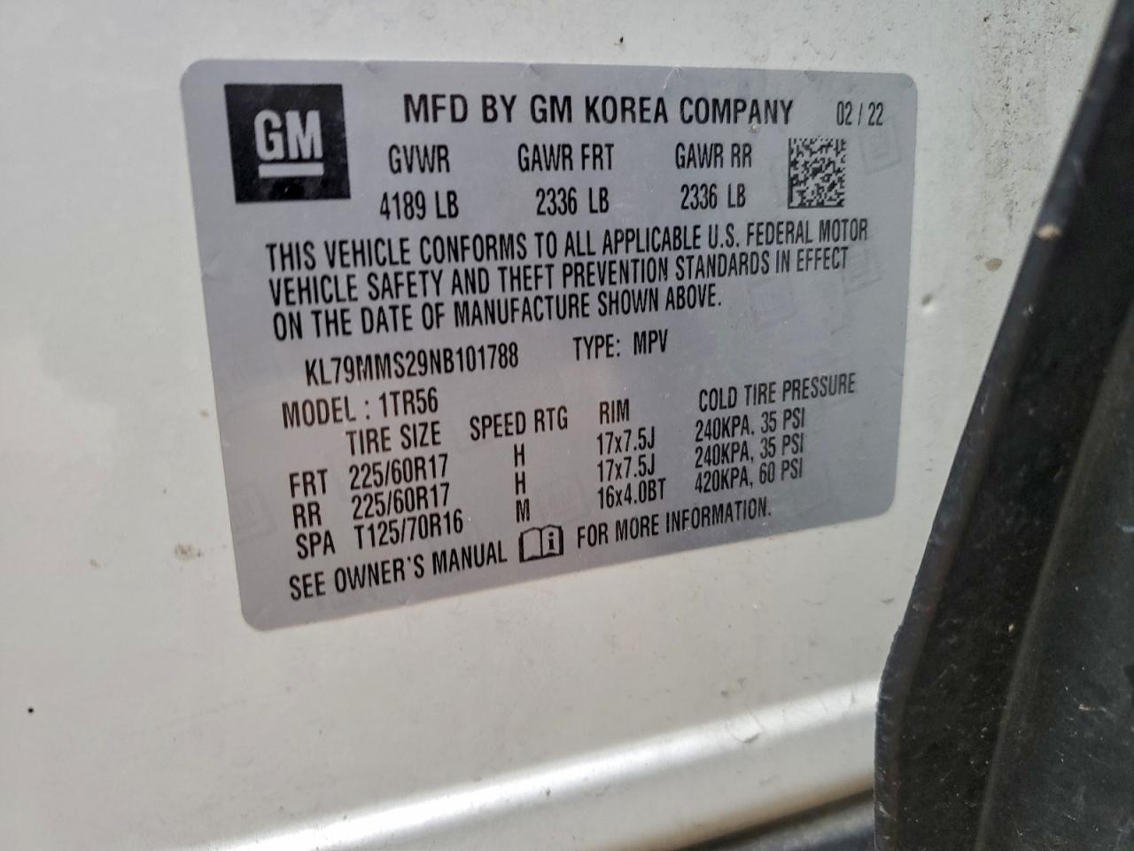 2022 Chevrolet Trailblazer Ls VIN: KL79MMS29NB101788 Lot: 93748565