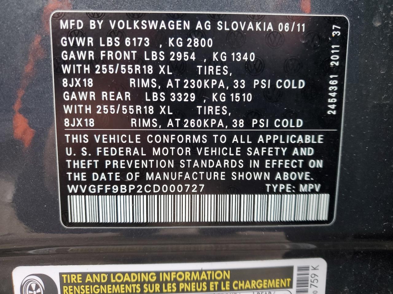 2012 Volkswagen Touareg V6 VIN: WVGFF9BP2CD000727 Lot: 92176615