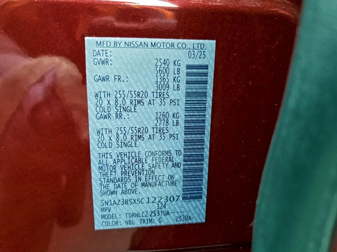 2025 Nissan Murano Sv VIN: 5N1AZ3BSXSC122307 Lot: 94368075