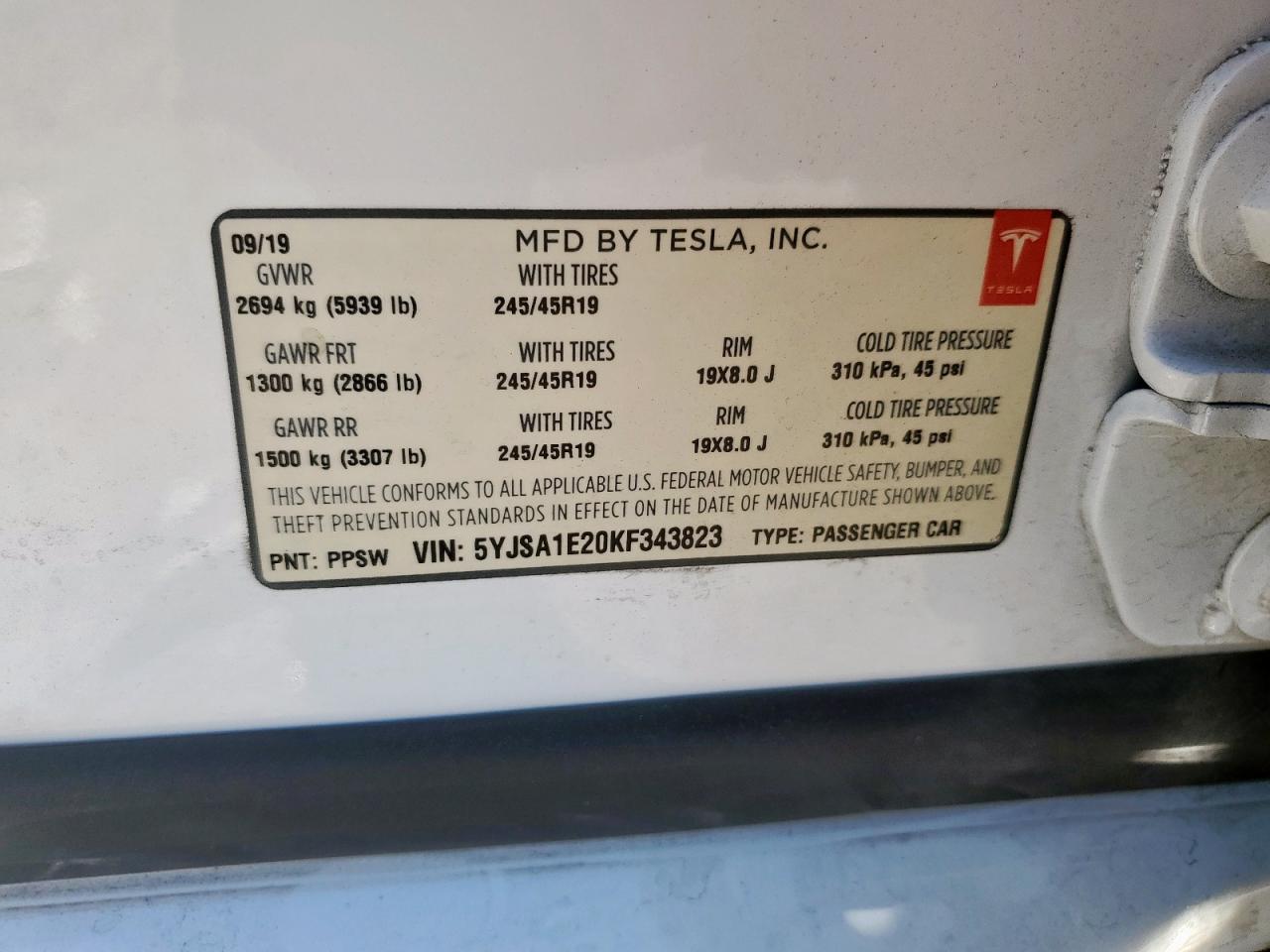 2019 Tesla Model S VIN: 5YJSA1E20KF343823 Lot: 92482075