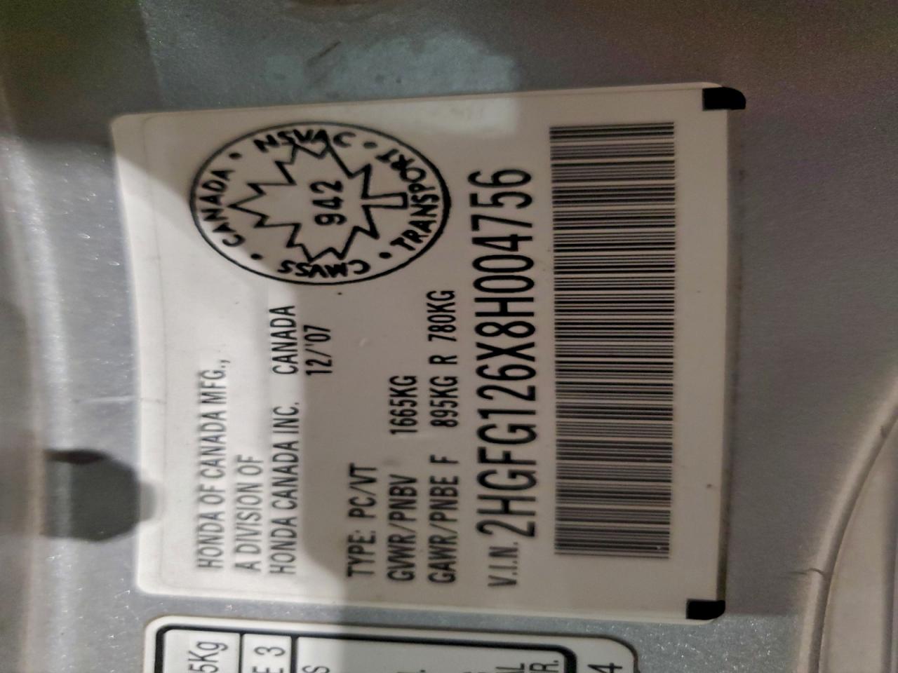 2008 Honda Civic Lx VIN: 2HGFG126X8H004756 Lot: 94122215