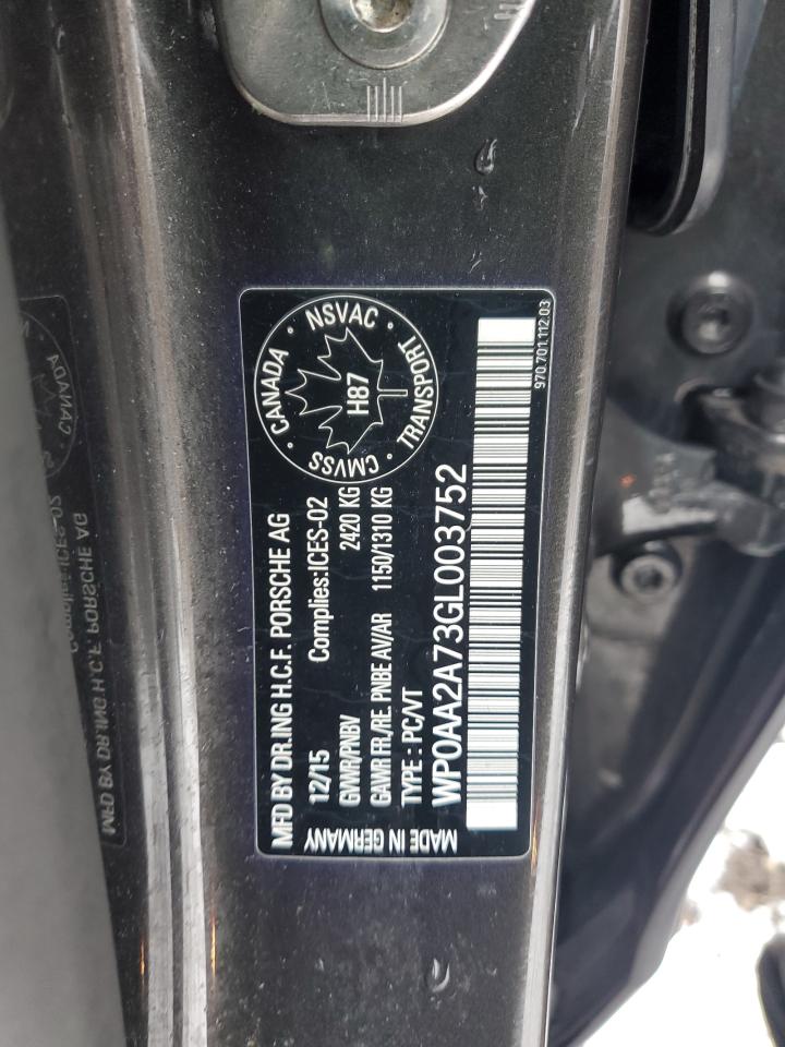 2016 Porsche Panamera 2 VIN: WP0AA2A73GL003752 Lot: 91240115