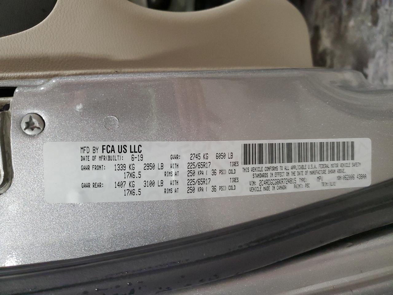 2019 Dodge Grand Caravan Sxt VIN: 2C4RDGCG6KR724815 Lot: 93819005