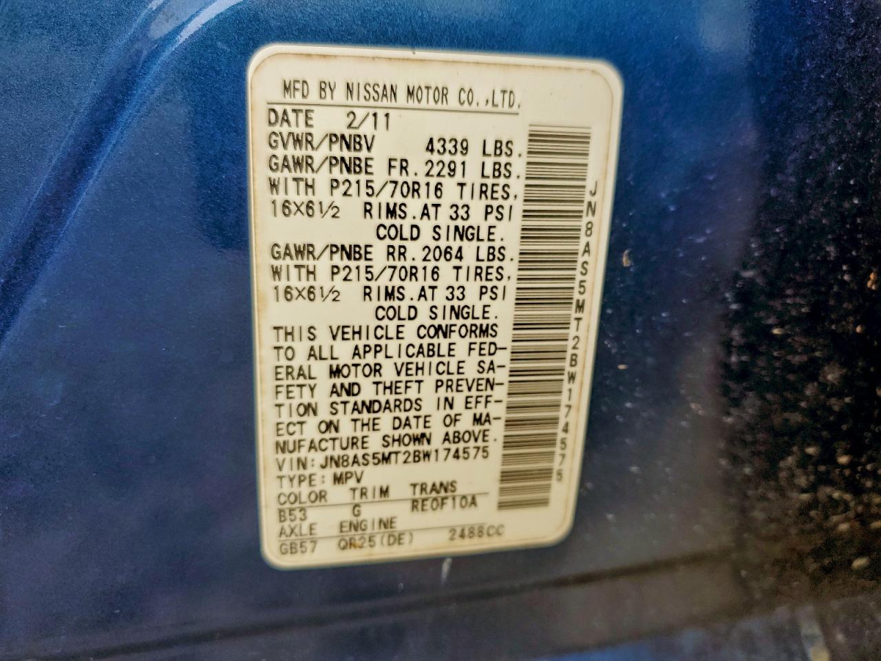 2011 Nissan Rogue S VIN: JN8AS5MT2BW174575 Lot: 93305175