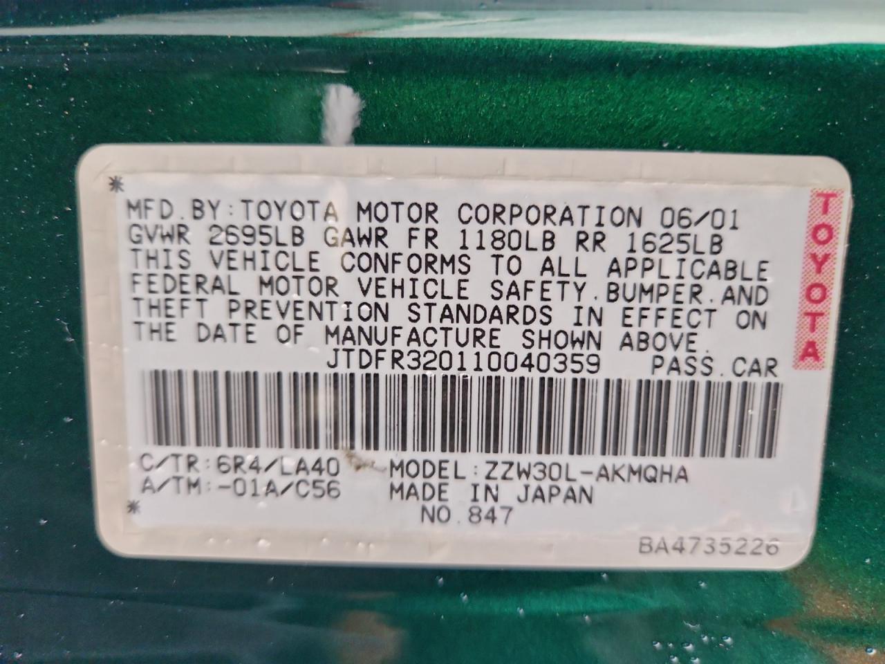 2001 Toyota Mr2 Spyder VIN: JTDFR320110040359 Lot: 92862835