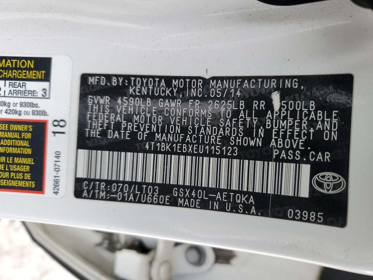 2014 Toyota Avalon Base VIN: 4T1BK1EBXEU115123 Lot: 92116415
