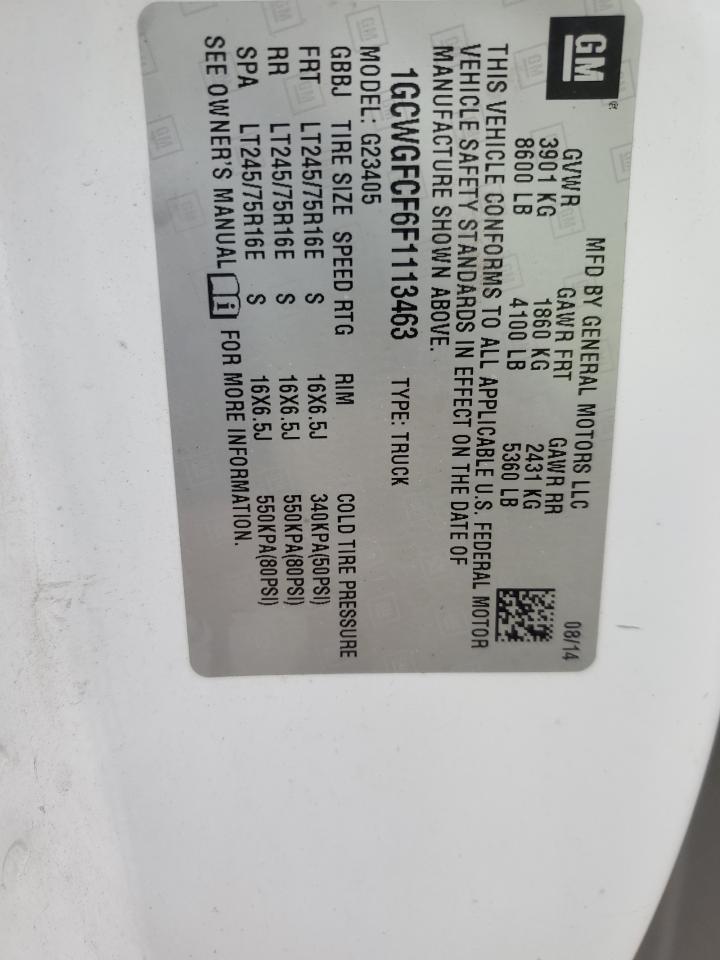 2015 Chev Express G2500 VIN: 1GCWGFCF6F1113463 Lot: 92175785