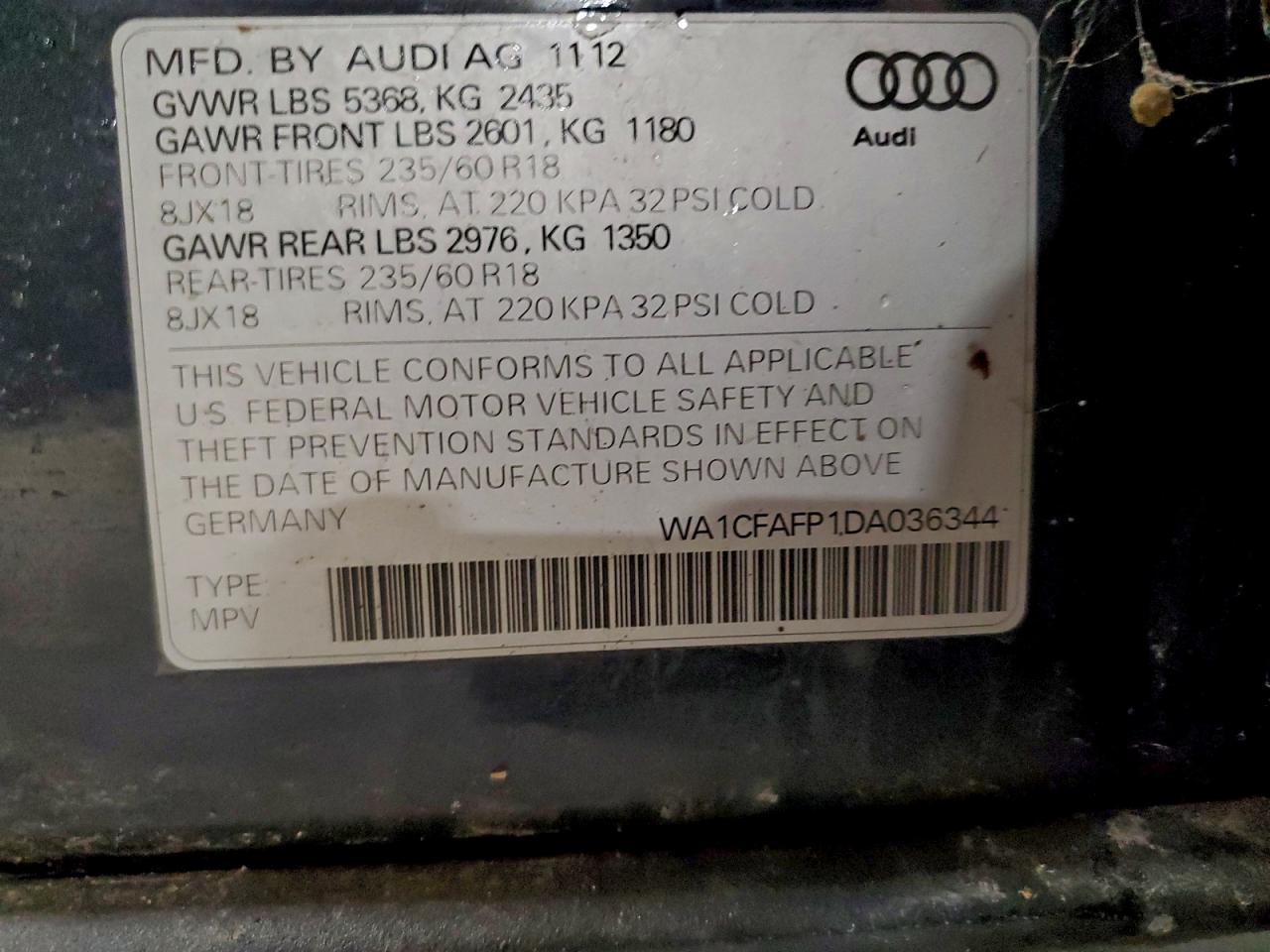 2013 Audi Q5 Premium VIN: WA1CFAFP1DA036344 Lot: 93673455