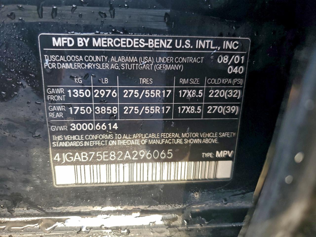 2002 Mercedes-Benz Ml 500 VIN: 4JGAB75E82A296065 Lot: 94219345