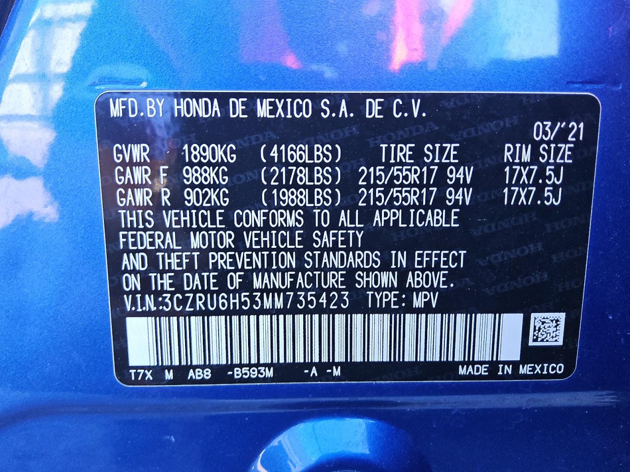 2021 Honda Hr-V Ex VIN: 3CZRU6H53MM735423 Lot: 92452545