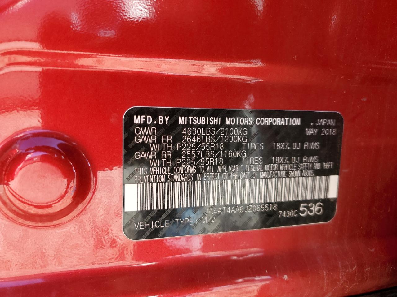 2018 Mitsubishi Eclipse Cross Le VIN: JA4AT4AA8JZ065518 Lot: 90852115