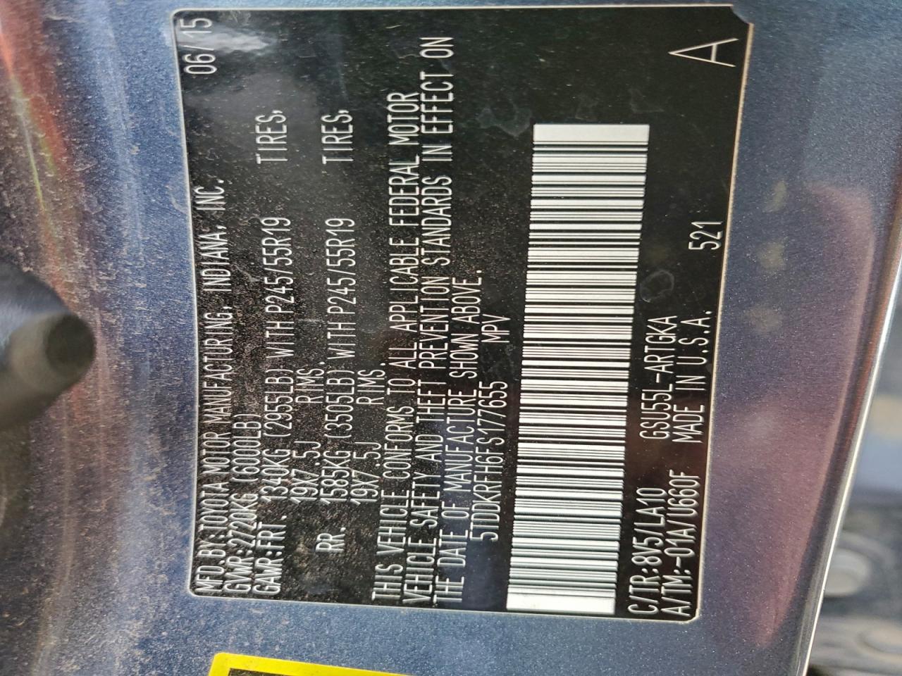 2015 Toyota Highlander Limited VIN: 5TDDKRFH6FS177655 Lot: 94378015