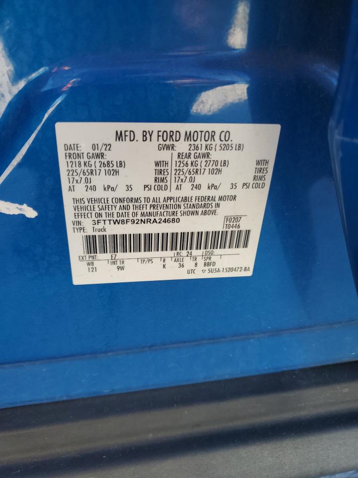 2022 Ford Maverick Xl VIN: 3FTTW8F92NRA24680 Lot: 92572165