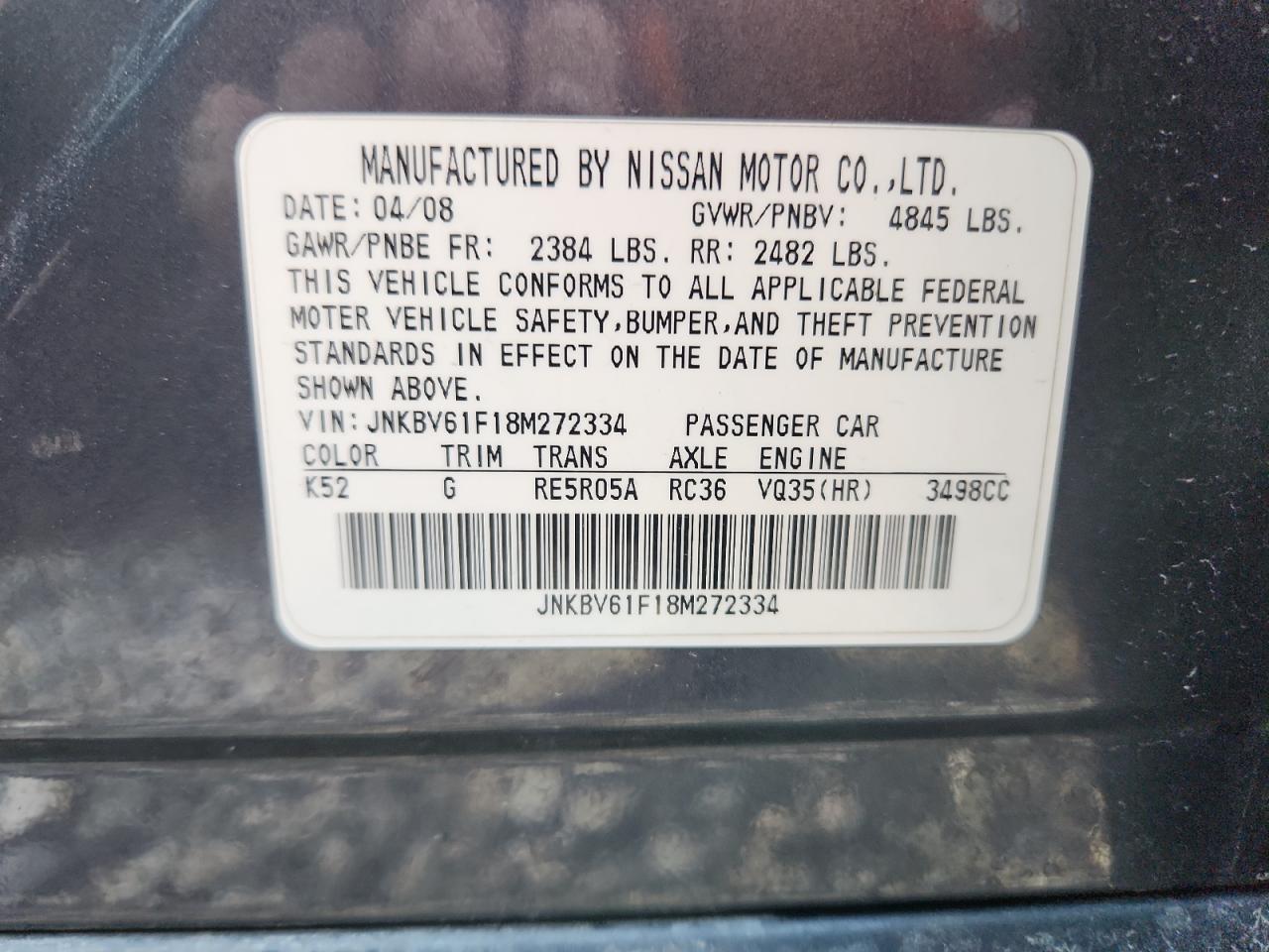 2008 Infiniti G35 VIN: JNKBV61F18M272334 Lot: 84209245