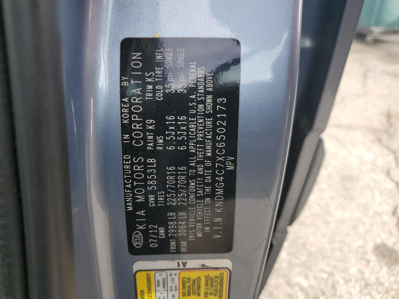 2012 Kia Sedona Lx VIN: KNDMG4C7XC6502173 Lot: 92515895