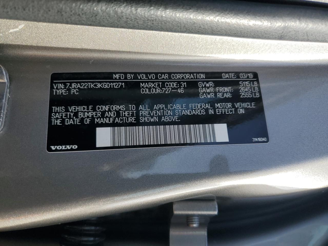 2019 Volvo S60 T6 Momentum VIN: 7JRA22TK3KG011271 Lot: 91032245