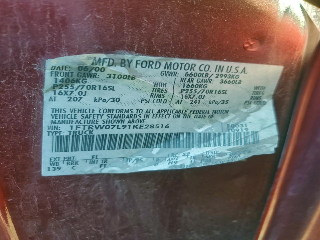 2001 Ford F150 Supercrew VIN: 1FTRW07L91KE28516 Lot: 94709015