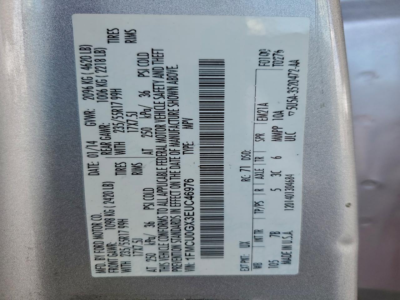 2014 Ford Escape Se VIN: 1FMCU0GX3EUC46976 Lot: 93820725