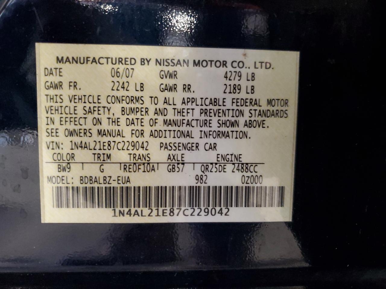 2007 Nissan Altima 2.5 VIN: 1N4AL21E87C229042 Lot: 92071445