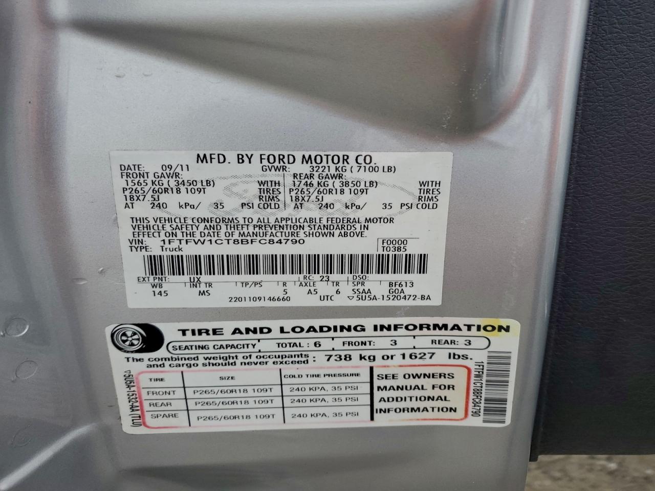 2011 Ford F150 Supercrew VIN: 1FTFW1CT8BFC84790 Lot: 94153105