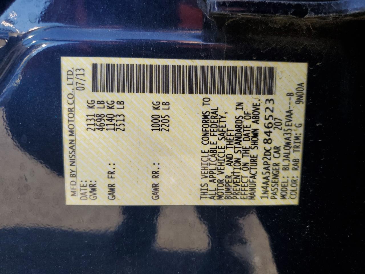 2013 Nissan Maxima S VIN: 1N4AA5AP2DC846523 Lot: 91454115