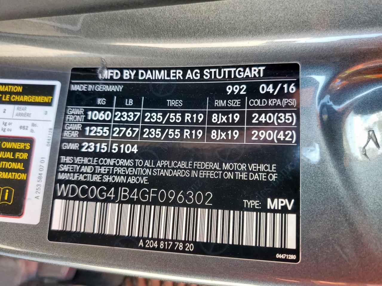 2016 Mercedes-Benz Glc 300 VIN: WDC0G4JB4GF096302 Lot: 90525035