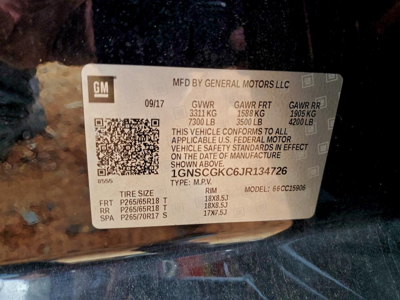 2018 Chevrolet Suburban C1500 Ls VIN: 1GNSCGKC6JR134726 Lot: 94121335