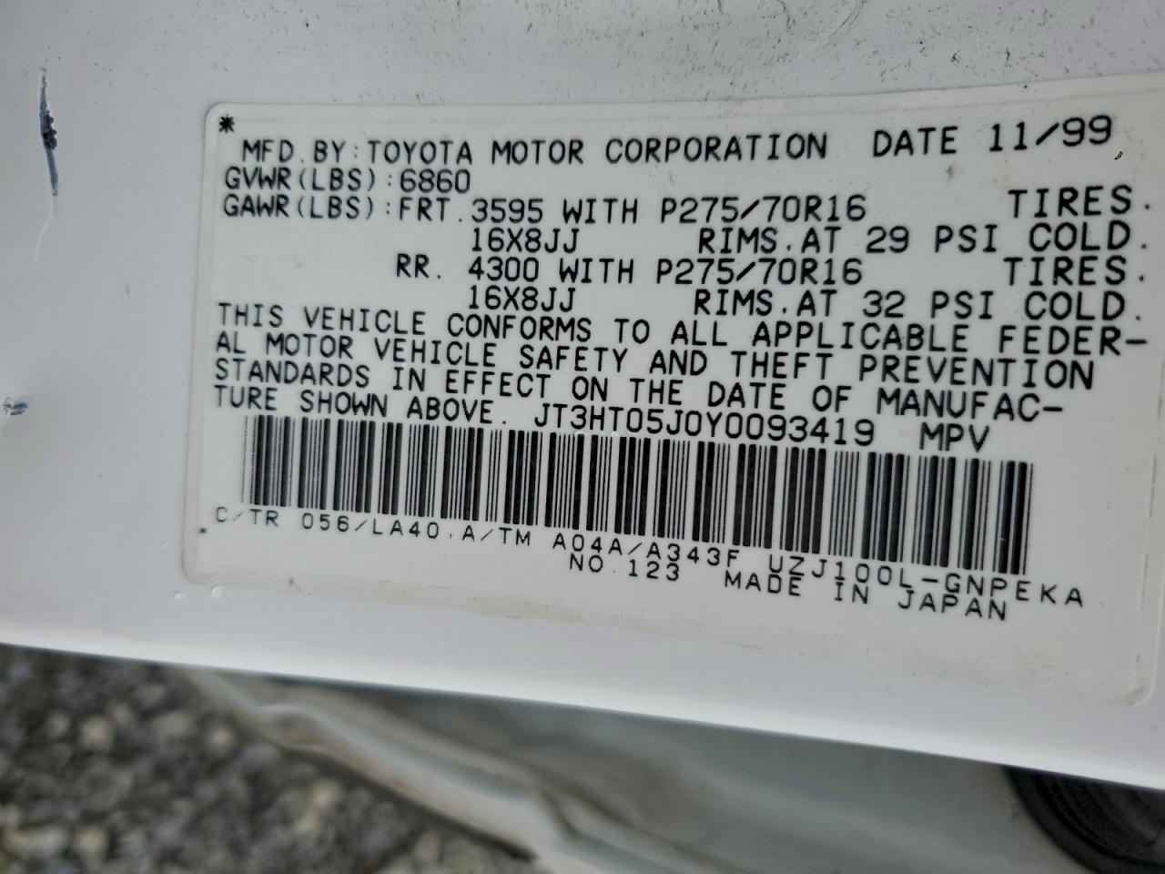 2000 Toyota Land Cruiser VIN: JT3HT05J0Y0093419 Lot: 91809325