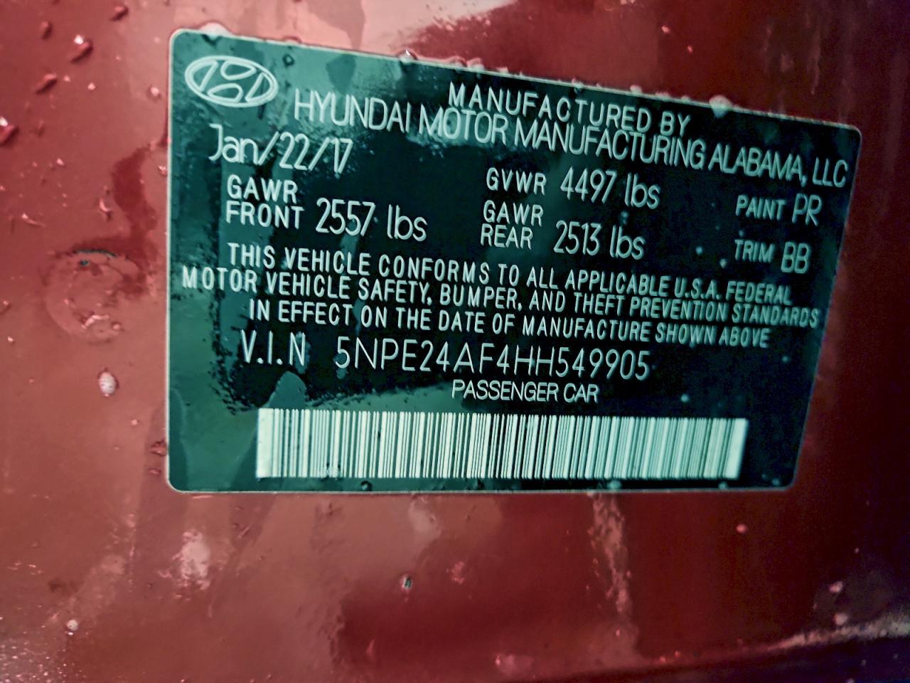 2017 Hyundai Sonata Se VIN: 5NPE24AF4HH549905 Lot: 93968165